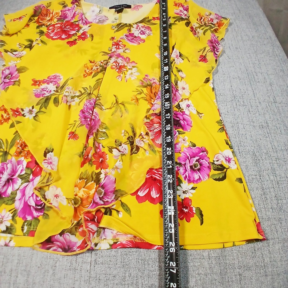 Yellow Boho Top Floral Flutter Sleeve Ruffle Front Blouse Large Semi Sheer - Picture 4 of 12